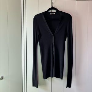 SOLD THE ROW black ribbed silk v-neck stretchy button front cardigan S